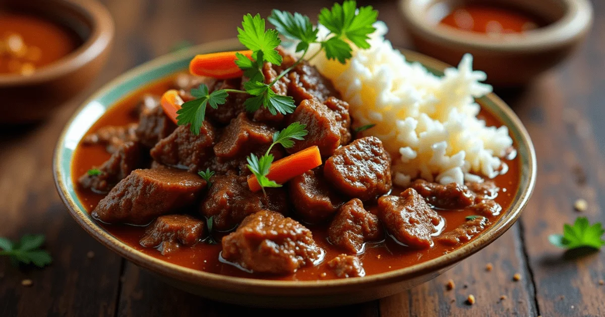 beef pares recipe: A bowl of hearty beef stew with carrots and parsley, served with a side of fluffy white rice.