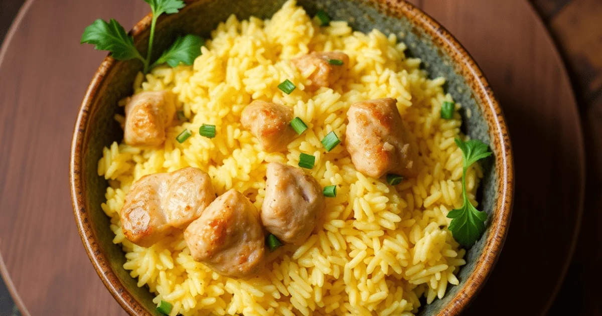 A bowl of yellow rice with pieces of chicken and garnished with parsley and chives.