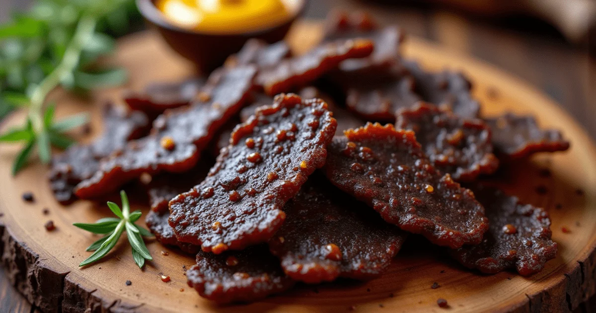 A pile of dark, chewy beef jerky on a wooden board, with a small bowl of mustard in the background.