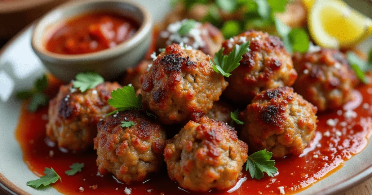 A plate of golden-brown meatballs simmering in a rich tomato sauce, garnished with fresh parsley.