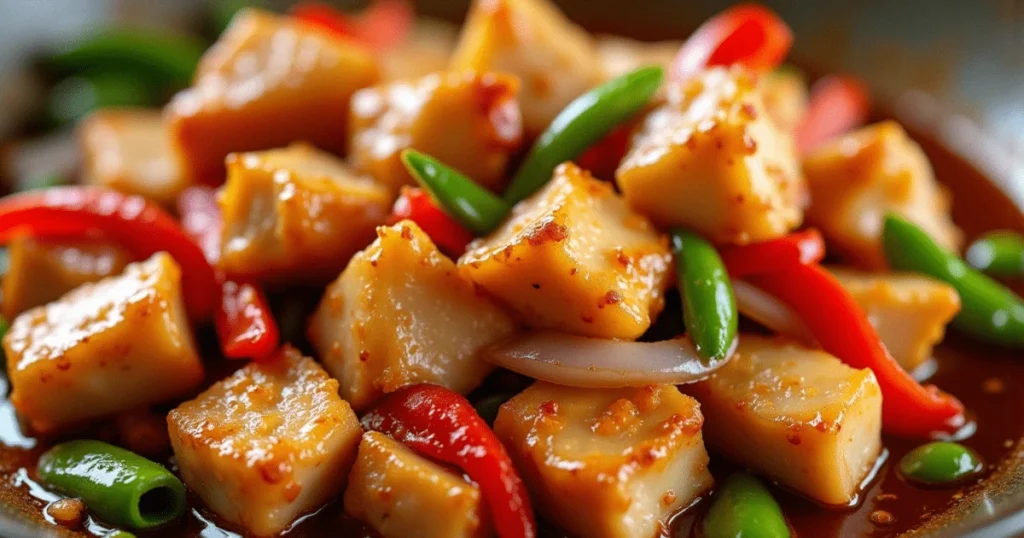 diced chicken recipes: A plate of diced chicken with vegetables, including green beans and red peppers.