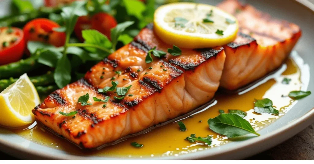 italian salmon recipe: A plate of grilled salmon with lemon slices and fresh herbs.