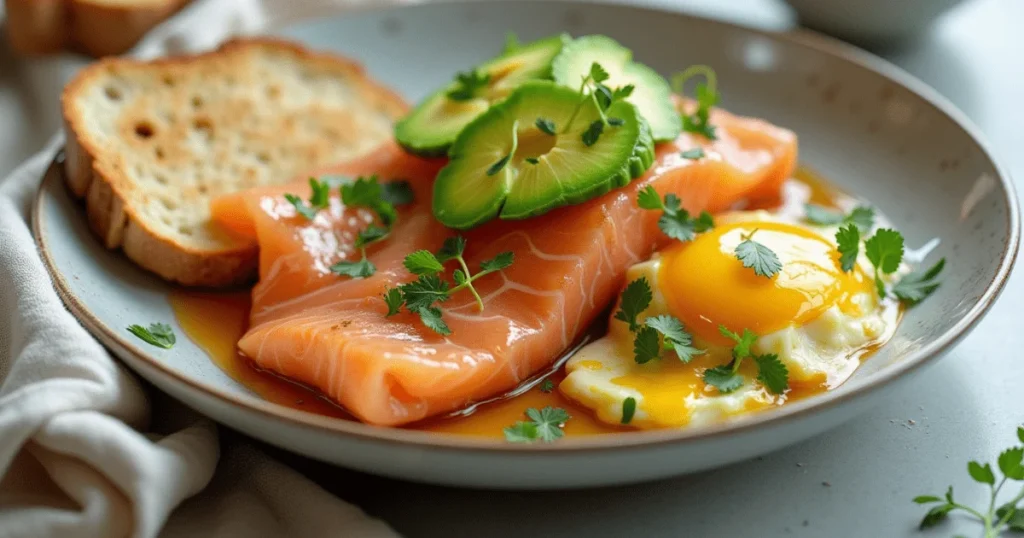 A plate of smoked salmon, avocado slices, a fried egg, and a slice of toast.